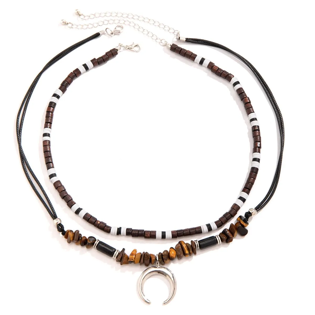 Trendy Layered Turquoise Moon Pendant Wood Bead Wax Cord String Necklace Set