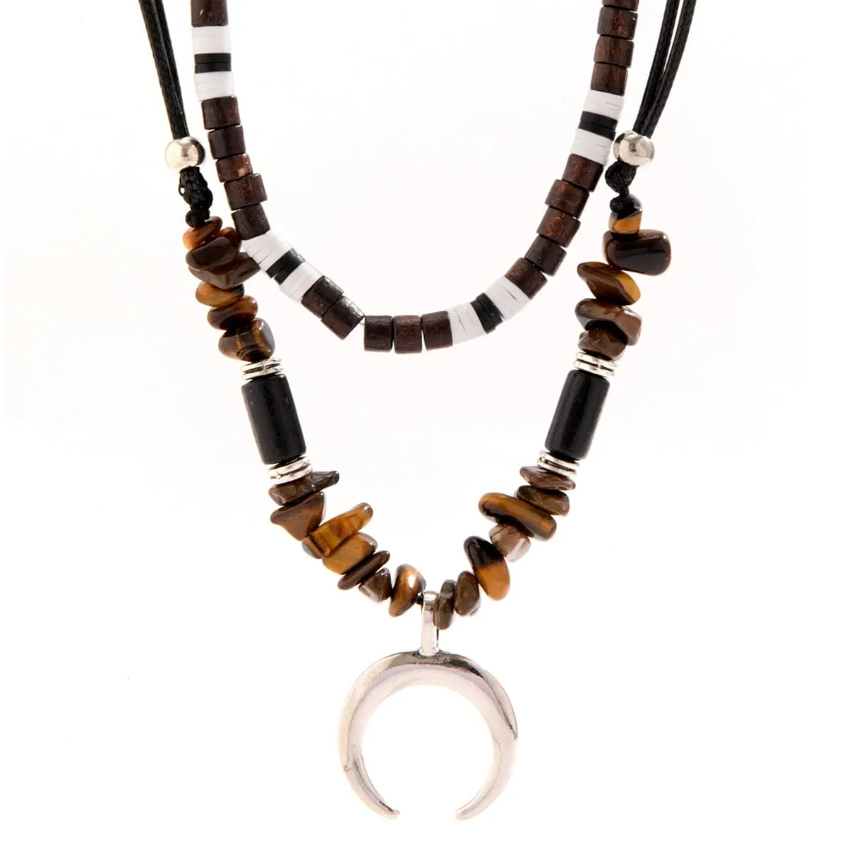 Trendy Layered Turquoise Moon Pendant Wood Bead Wax Cord String Necklace Set