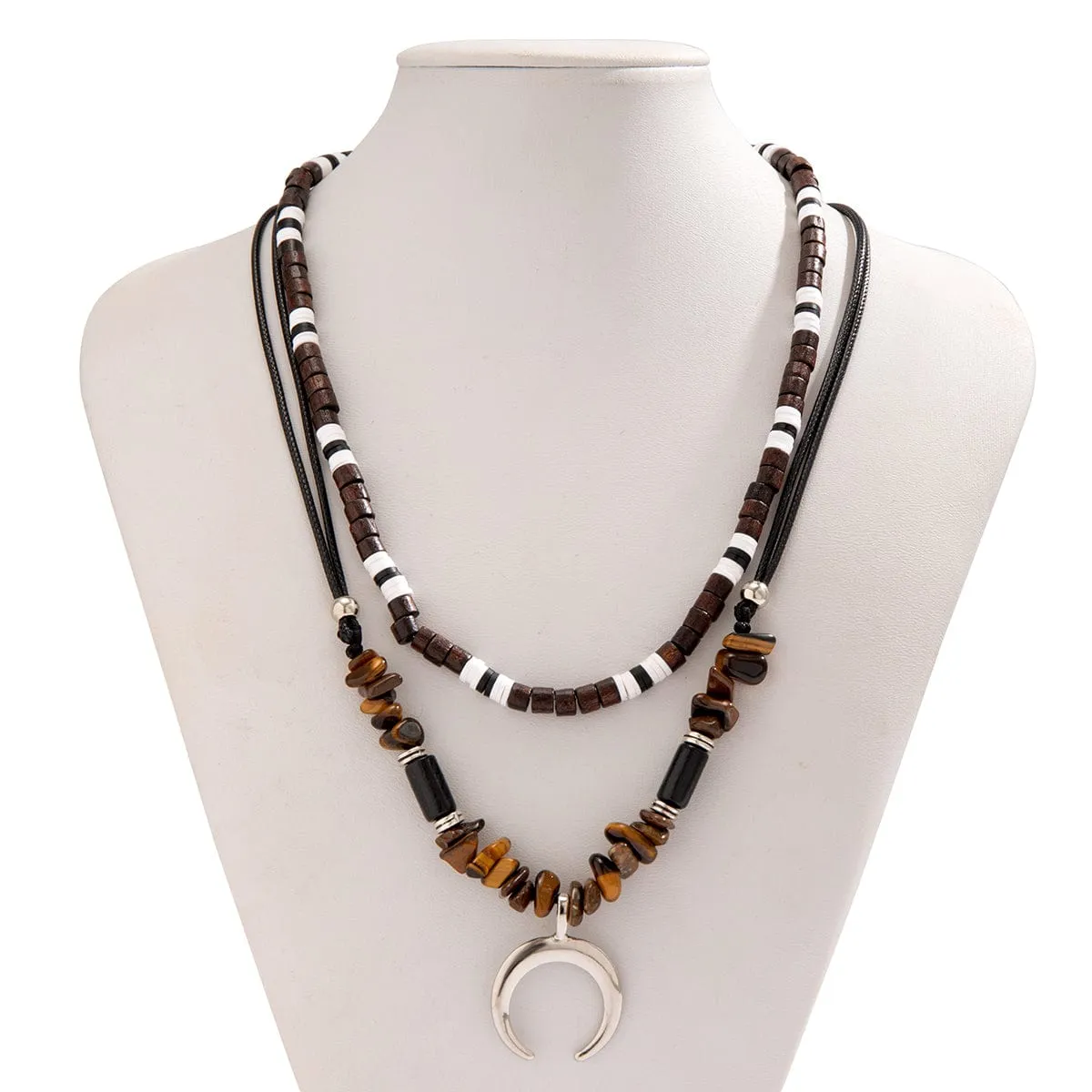 Trendy Layered Turquoise Moon Pendant Wood Bead Wax Cord String Necklace Set