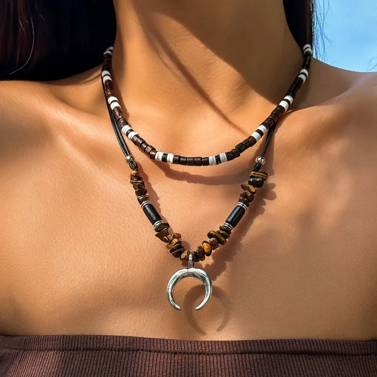 Trendy Layered Turquoise Moon Pendant Wood Bead Wax Cord String Necklace Set