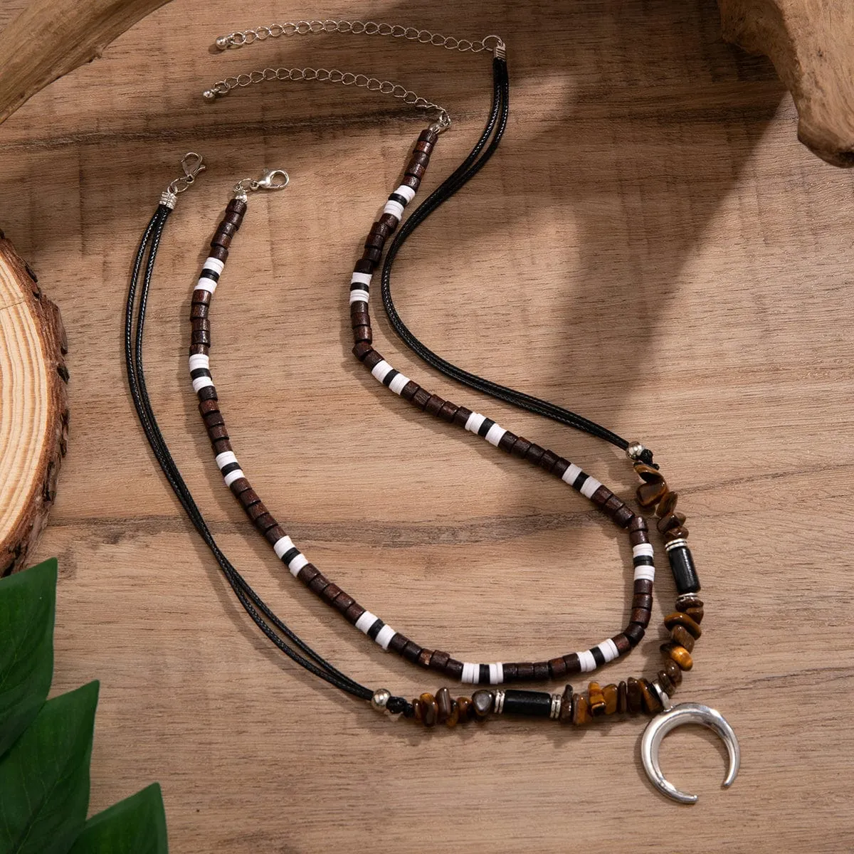 Trendy Layered Turquoise Moon Pendant Wood Bead Wax Cord String Necklace Set