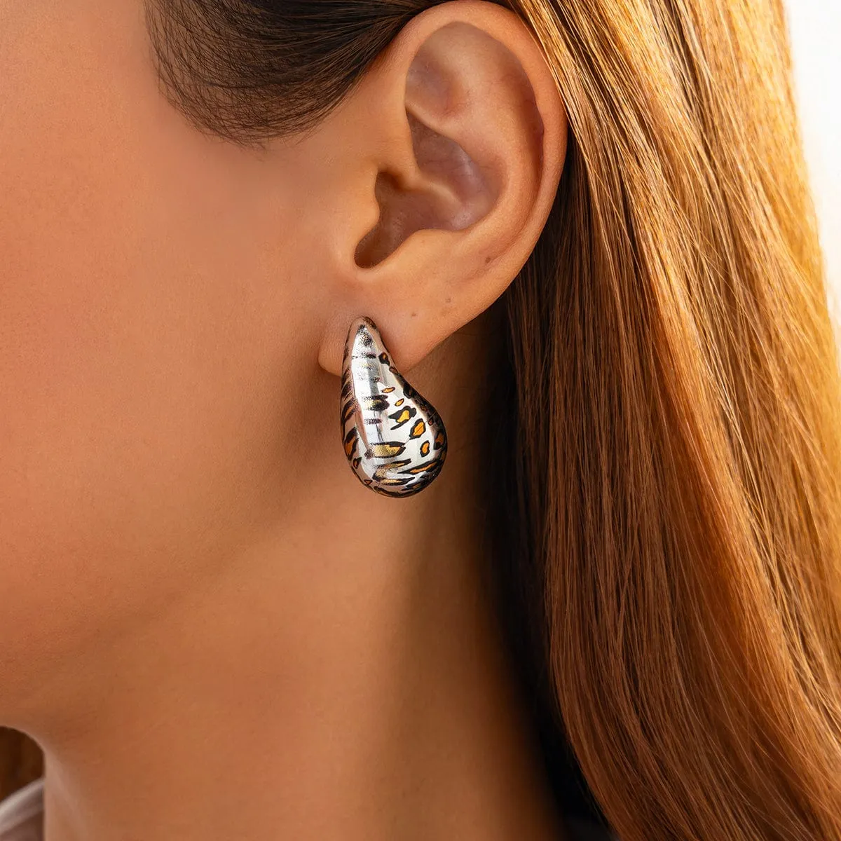 Trendy Silver Tone Leopard Waterdrop Stud Earrings
