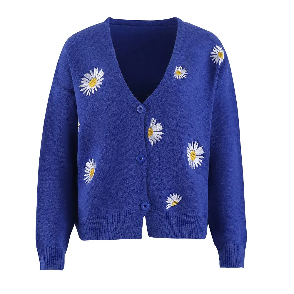 Trendy Women's Embroidered Bow Cardigan- Stylish Single Breasted Sweater