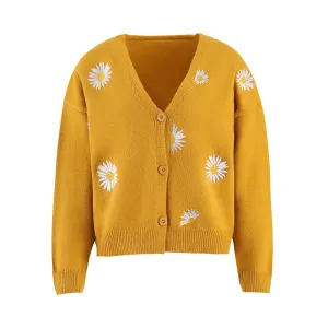 Trendy Women's Embroidered Bow Cardigan- Stylish Single Breasted Sweater