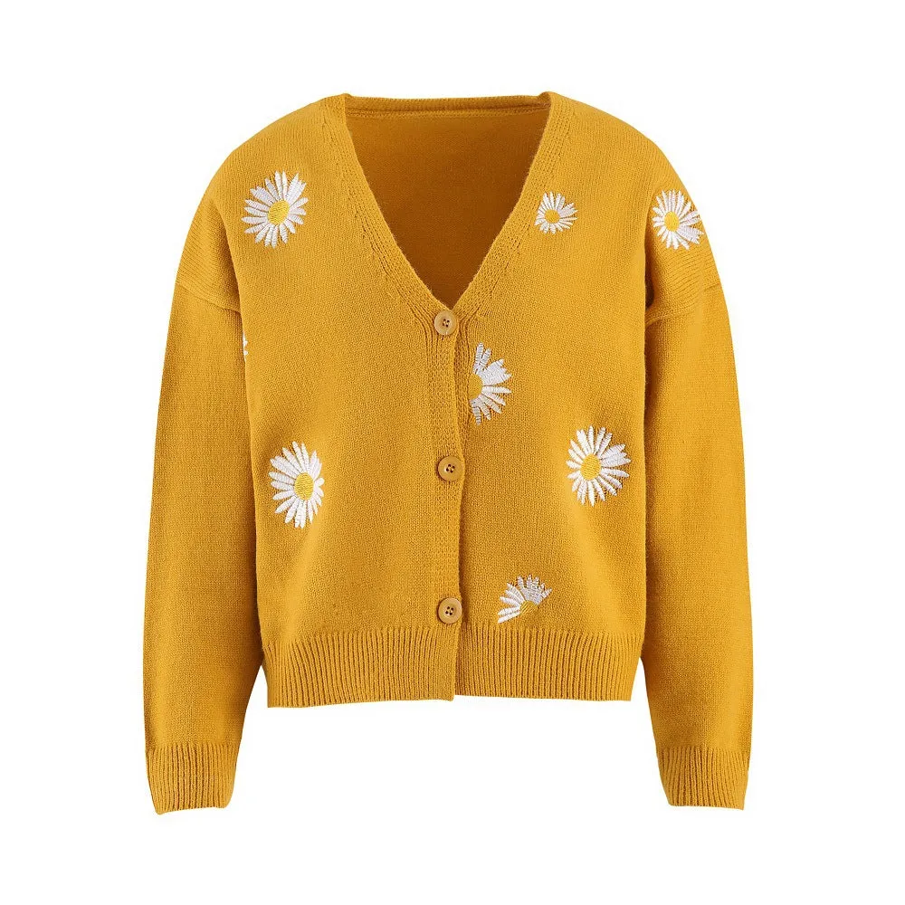Trendy Women's Embroidered Bow Cardigan- Stylish Single Breasted Sweater