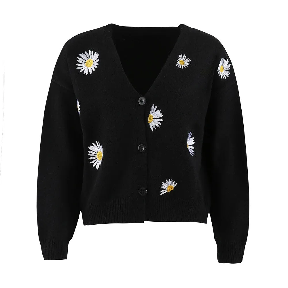 Trendy Women's Embroidered Bow Cardigan- Stylish Single Breasted Sweater