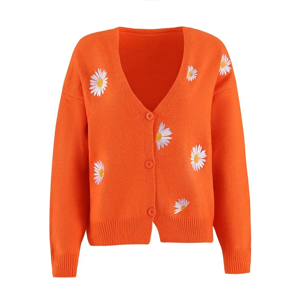 Trendy Women's Embroidered Bow Cardigan- Stylish Single Breasted Sweater