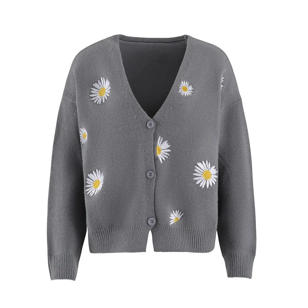 Trendy Women's Embroidered Bow Cardigan- Stylish Single Breasted Sweater