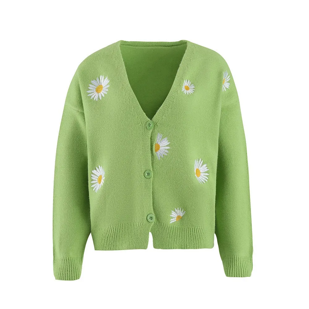 Trendy Women's Embroidered Bow Cardigan- Stylish Single Breasted Sweater
