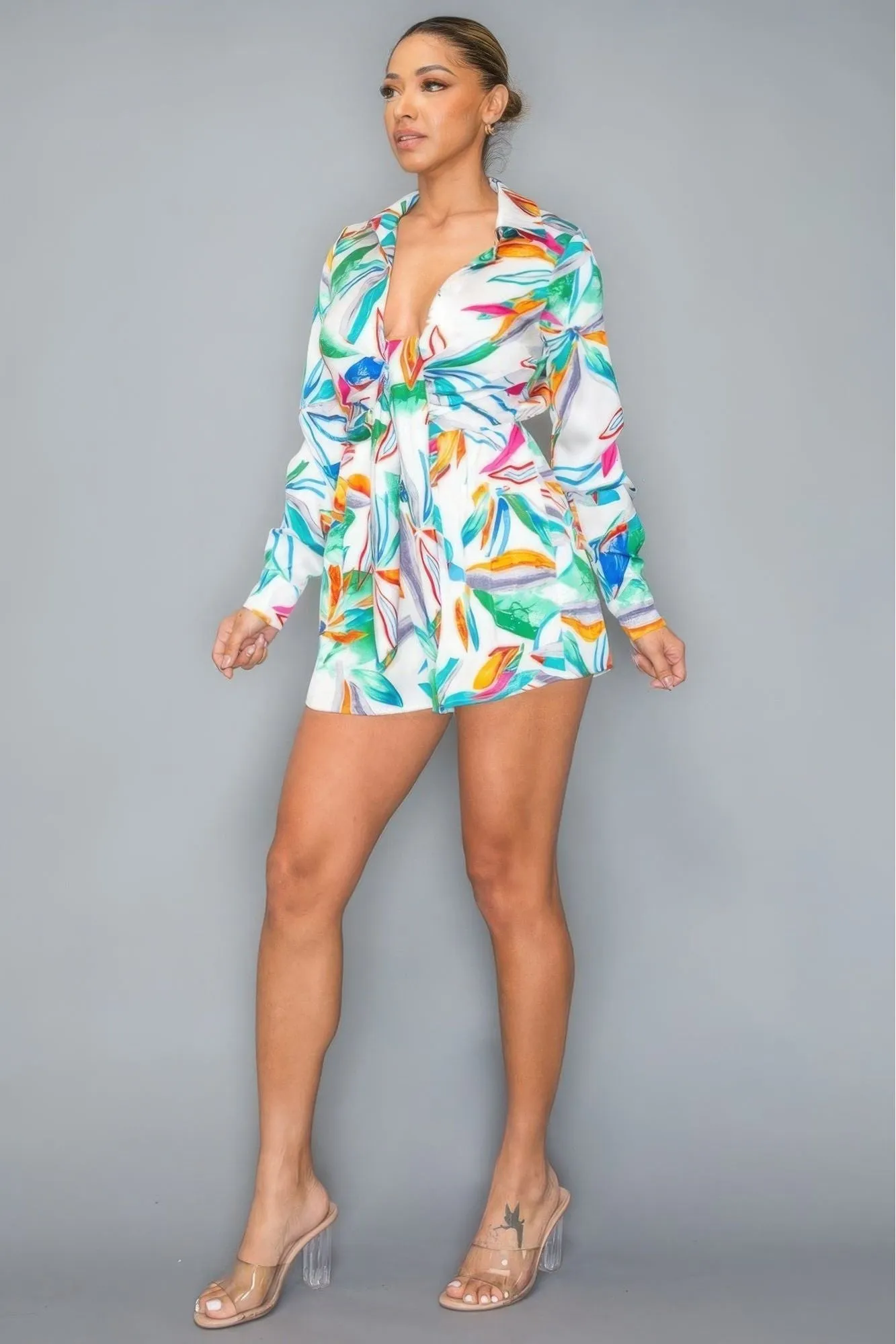 Tropical Satin Long Sleeve Romper W/Collar & Tie Detail Front