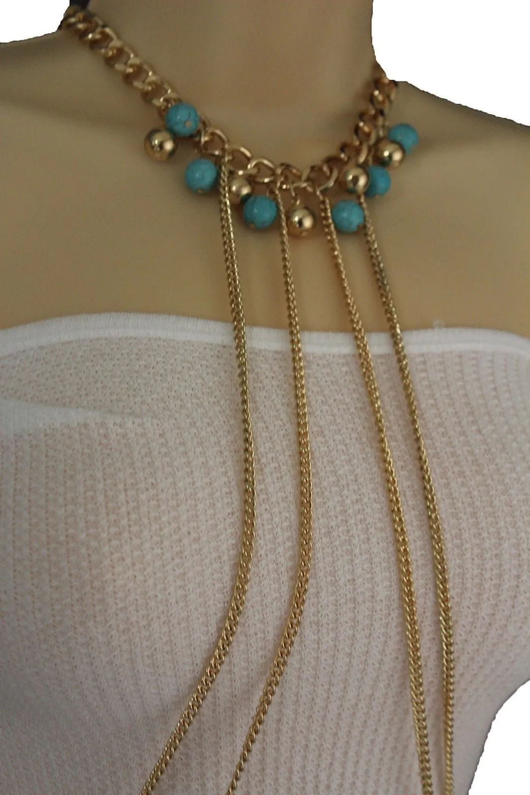 Turquoise Bead Necklace Multi-Strand Gold Metal Body Chain
