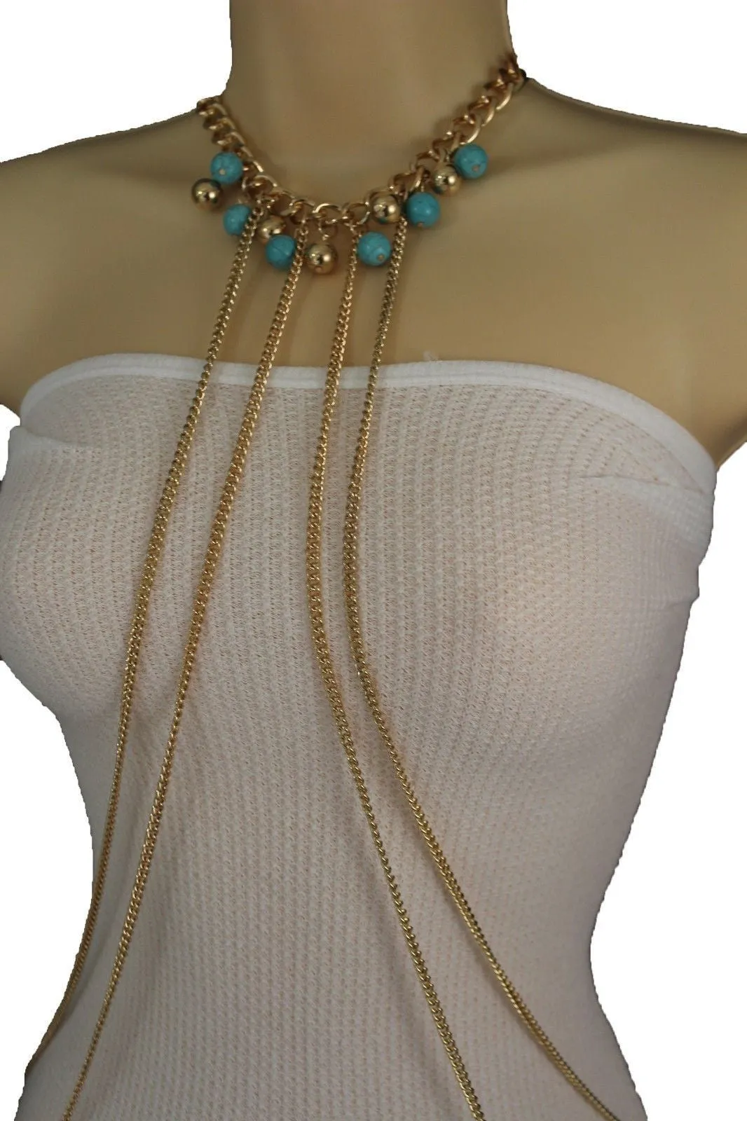 Turquoise Bead Necklace Multi-Strand Gold Metal Body Chain