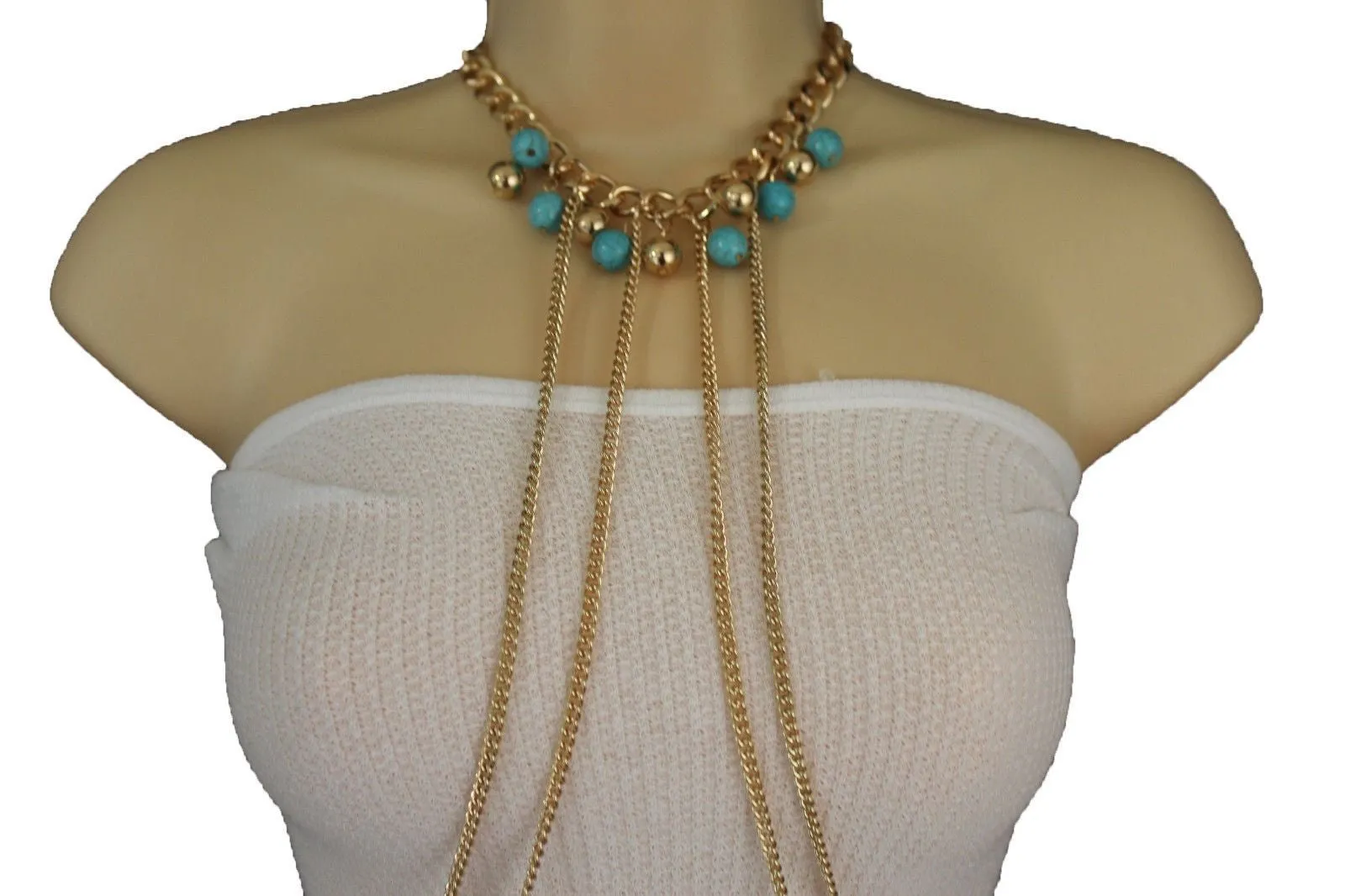 Turquoise Bead Necklace Multi-Strand Gold Metal Body Chain
