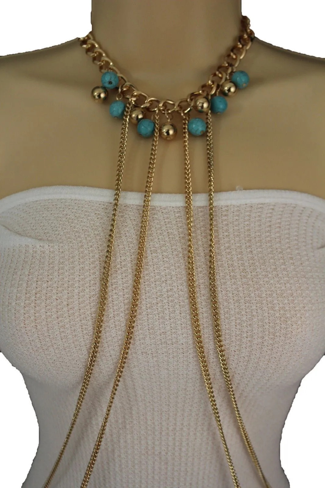 Turquoise Bead Necklace Multi-Strand Gold Metal Body Chain