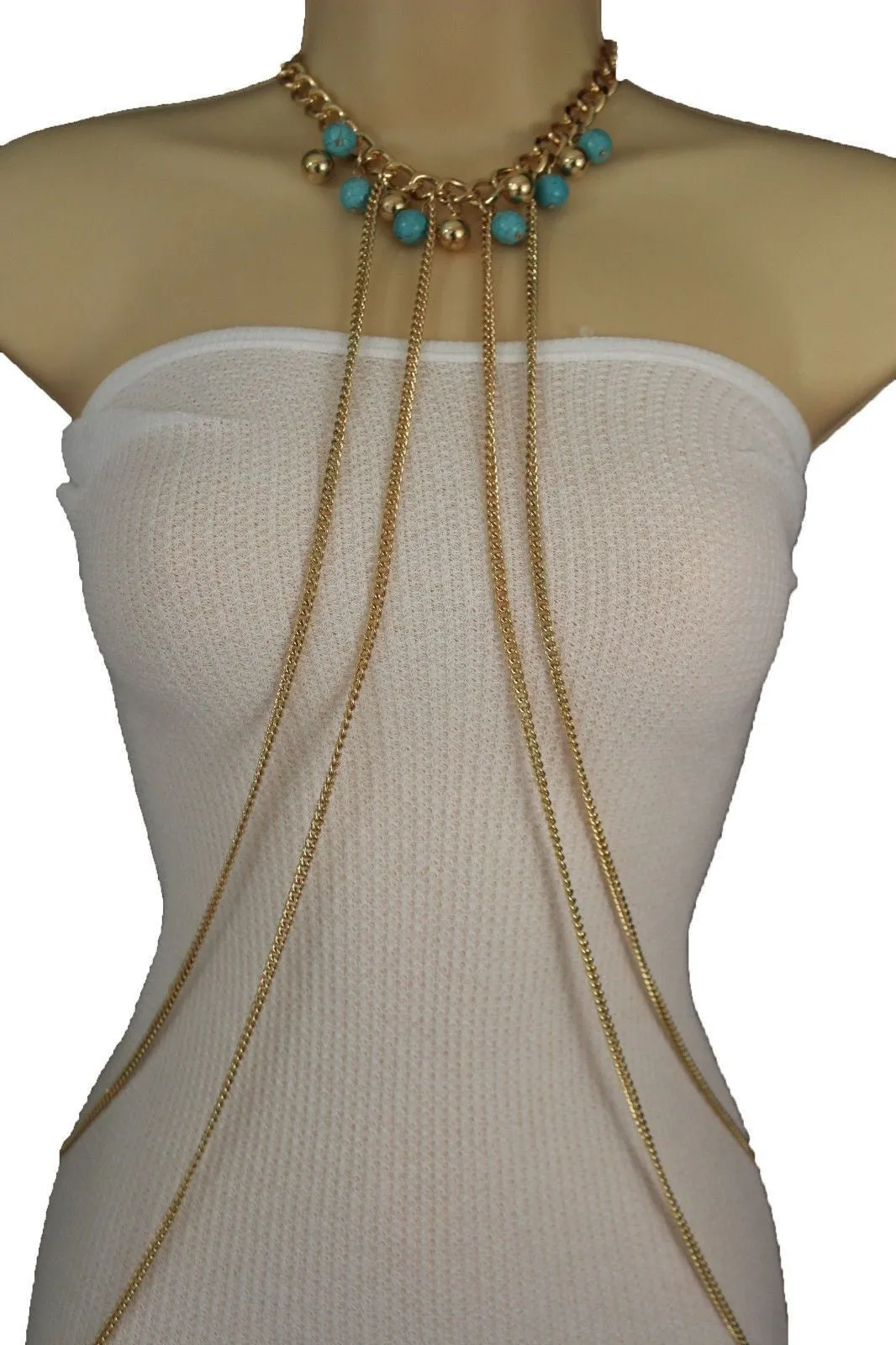 Turquoise Bead Necklace Multi-Strand Gold Metal Body Chain
