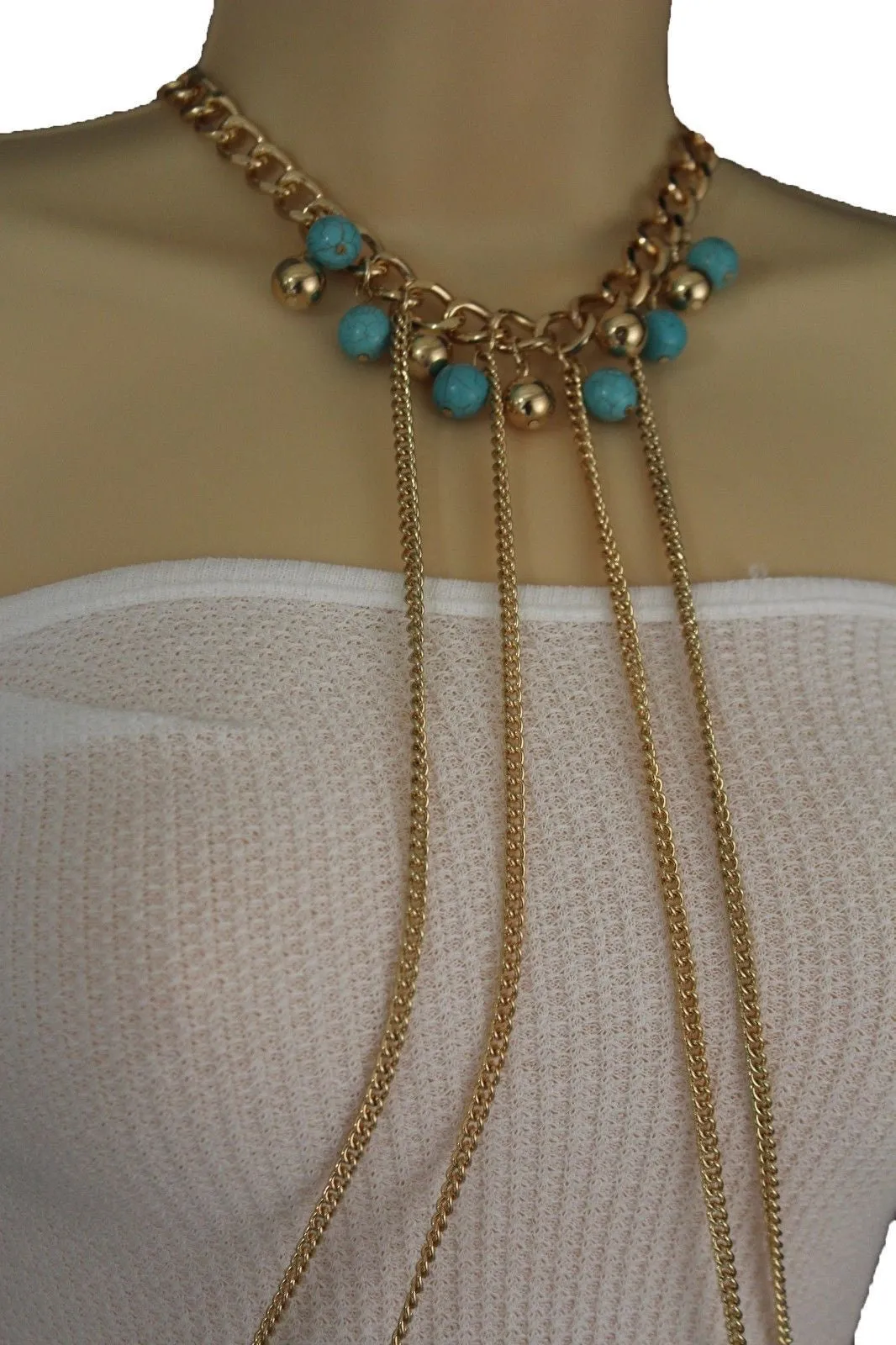 Turquoise Bead Necklace Multi-Strand Gold Metal Body Chain