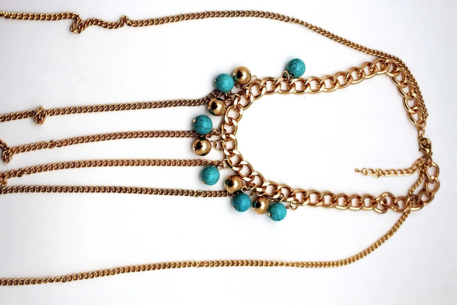 Turquoise Bead Necklace Multi-Strand Gold Metal Body Chain