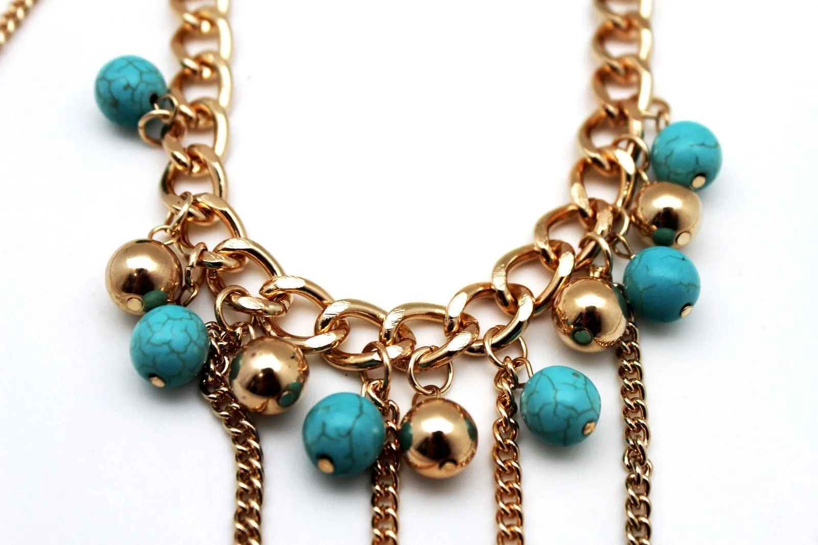 Turquoise Bead Necklace Multi-Strand Gold Metal Body Chain