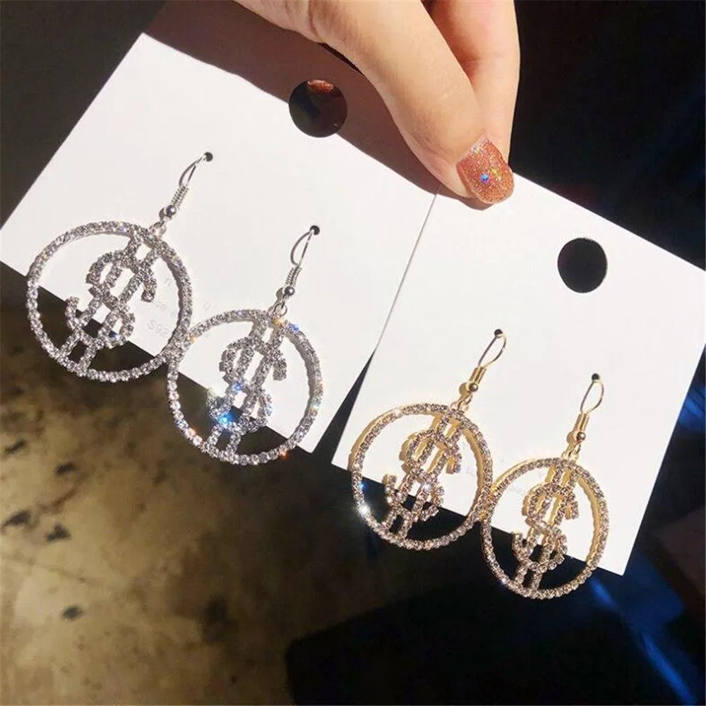 Unique Elegant Design Personality US Dollar Money Icon $ Shape Luxury Hanging Dangle Exaggerated Modern Women's Earrings Prevent Allergy Ear