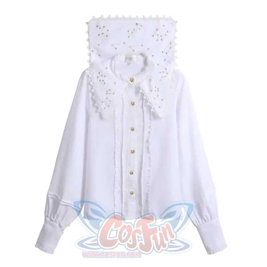 Vintage Constellation Embroidery Ruffle Blouse