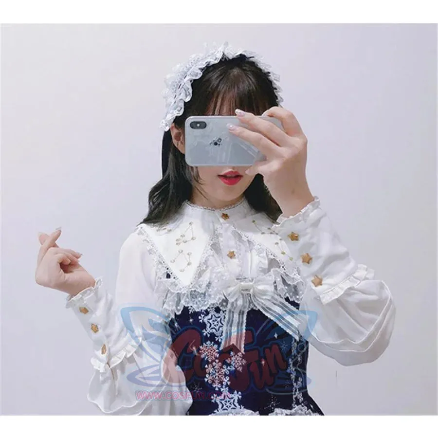 Vintage Constellation Embroidery Ruffle Blouse