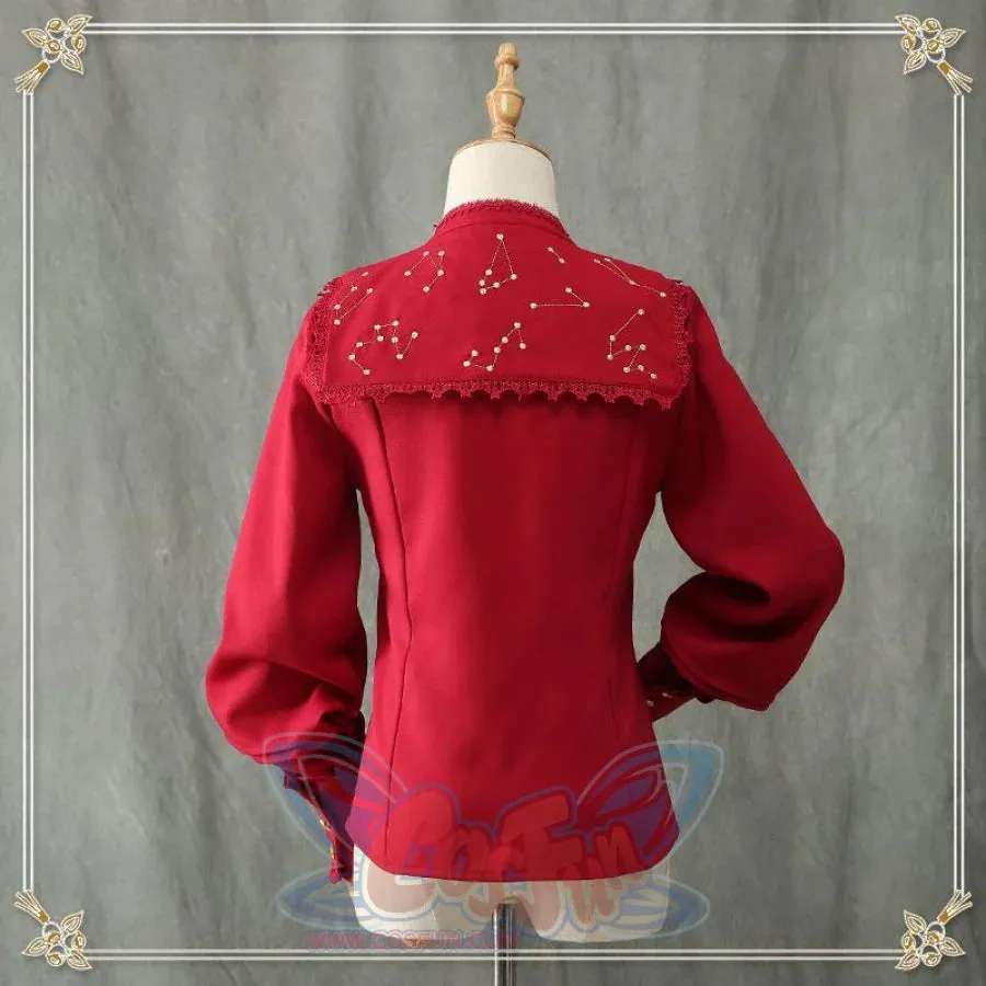 Vintage Constellation Embroidery Ruffle Blouse