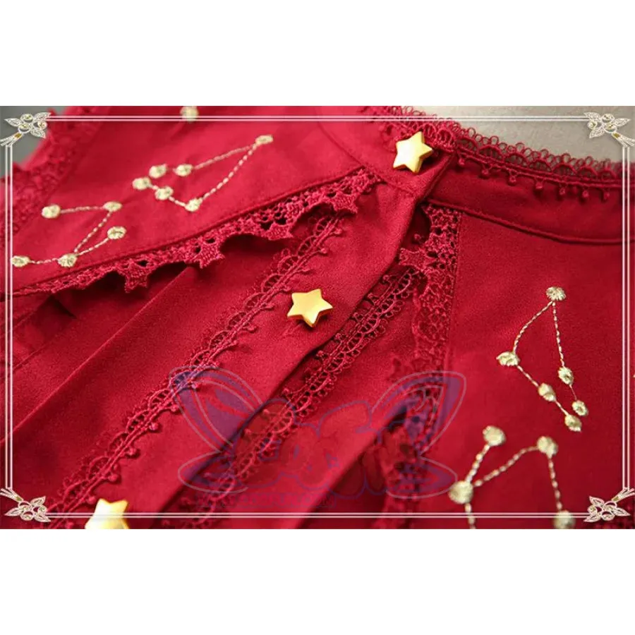 Vintage Constellation Embroidery Ruffle Blouse