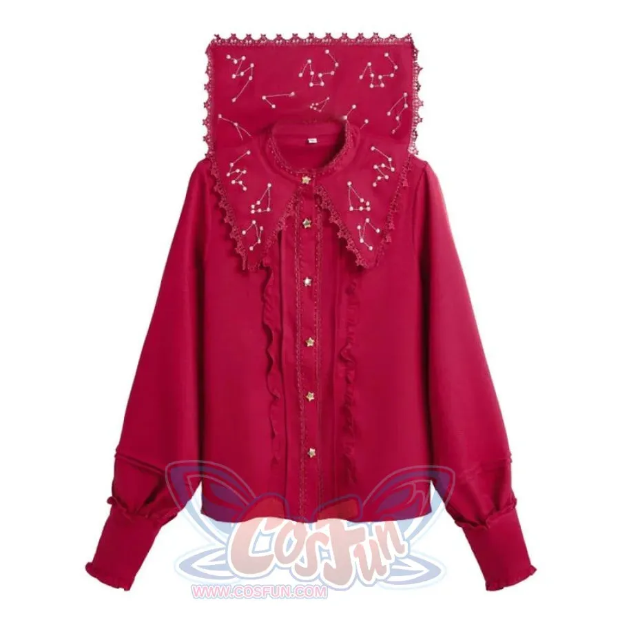 Vintage Constellation Embroidery Ruffle Blouse