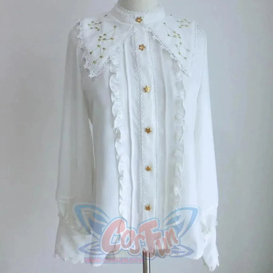 Vintage Constellation Embroidery Ruffle Blouse