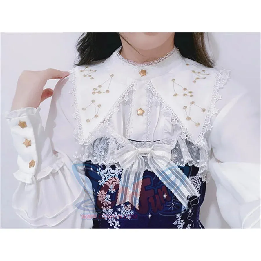 Vintage Constellation Embroidery Ruffle Blouse