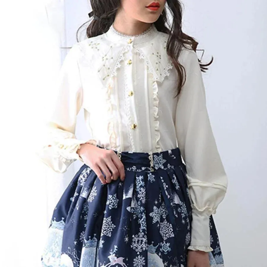 Vintage Constellation Embroidery Ruffle Blouse