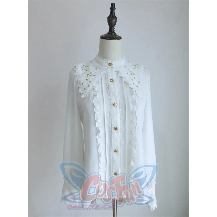 Vintage Constellation Embroidery Ruffle Blouse