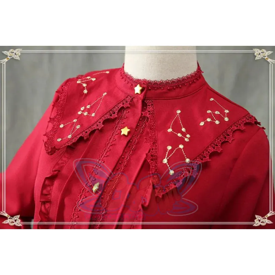 Vintage Constellation Embroidery Ruffle Blouse