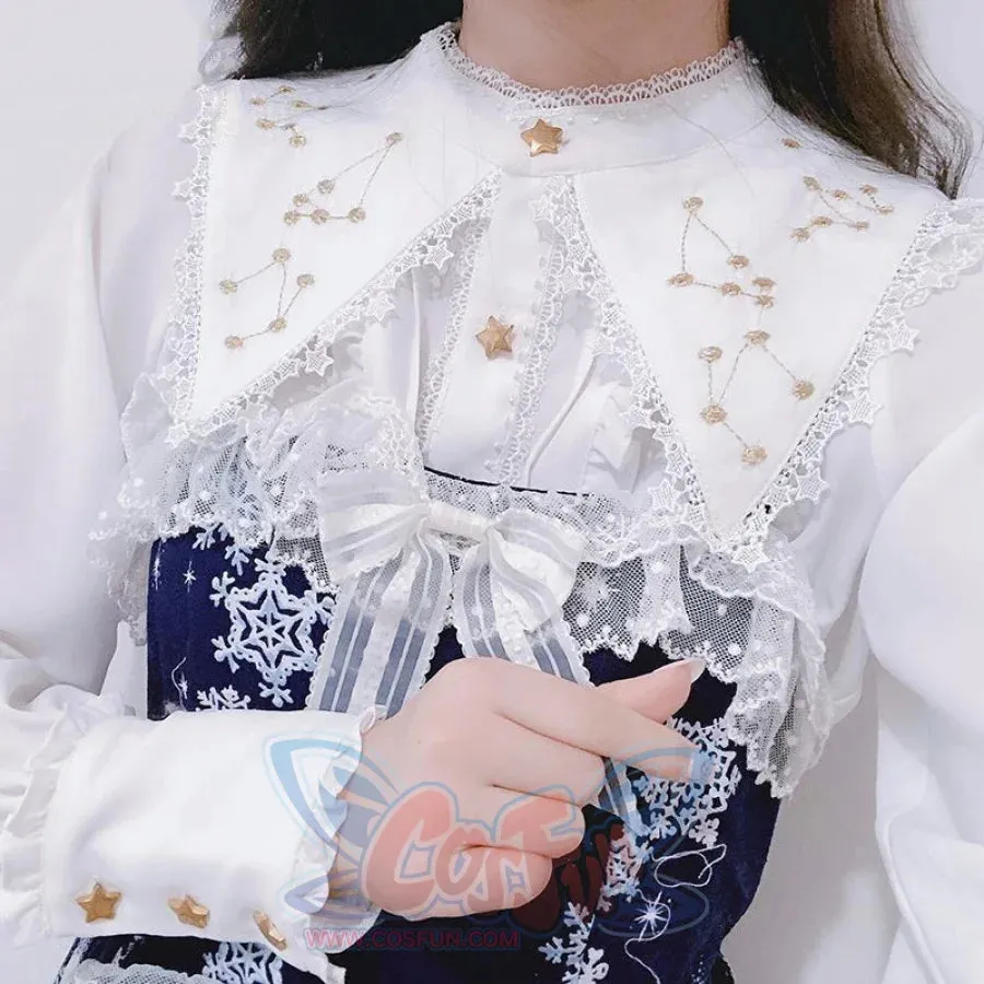 Vintage Constellation Embroidery Ruffle Blouse