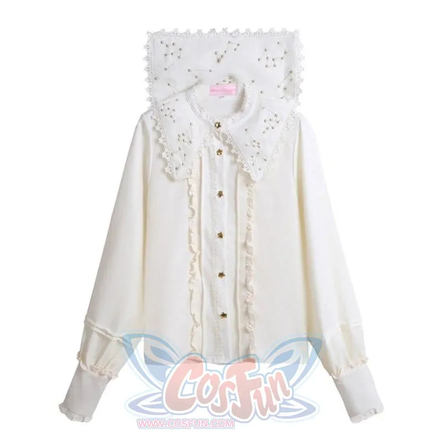 Vintage Constellation Embroidery Ruffle Blouse
