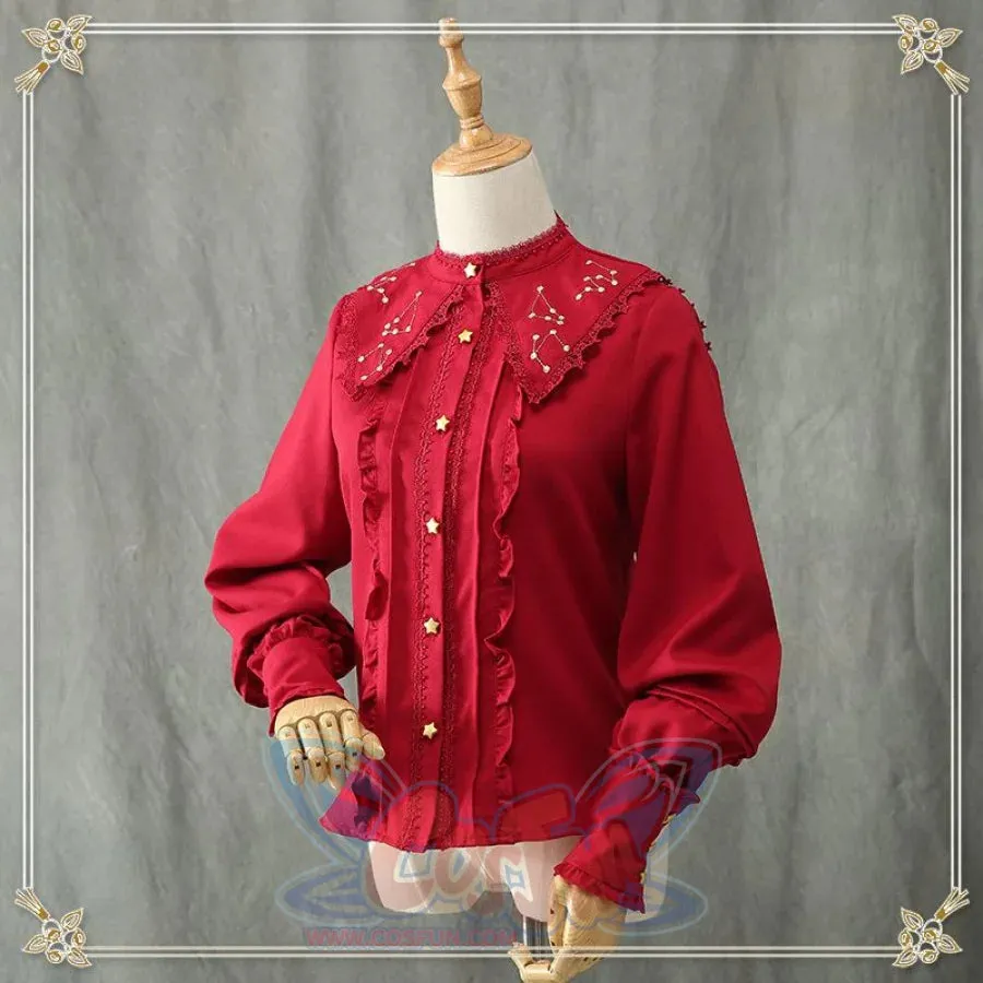 Vintage Constellation Embroidery Ruffle Blouse