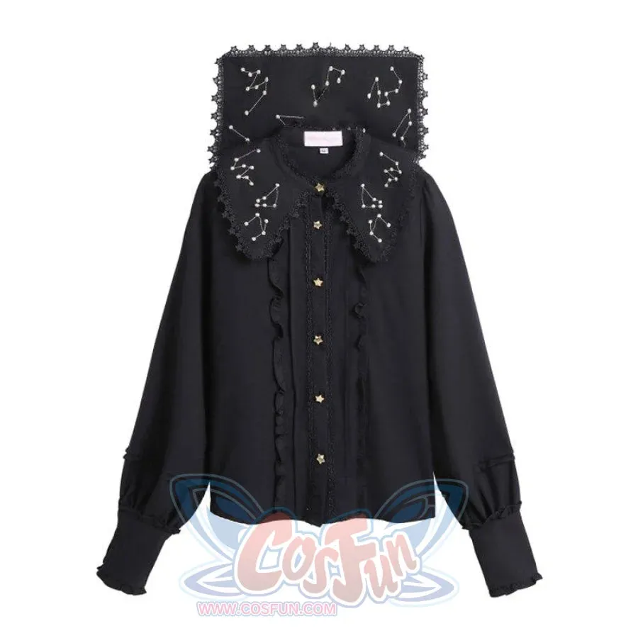 Vintage Constellation Embroidery Ruffle Blouse