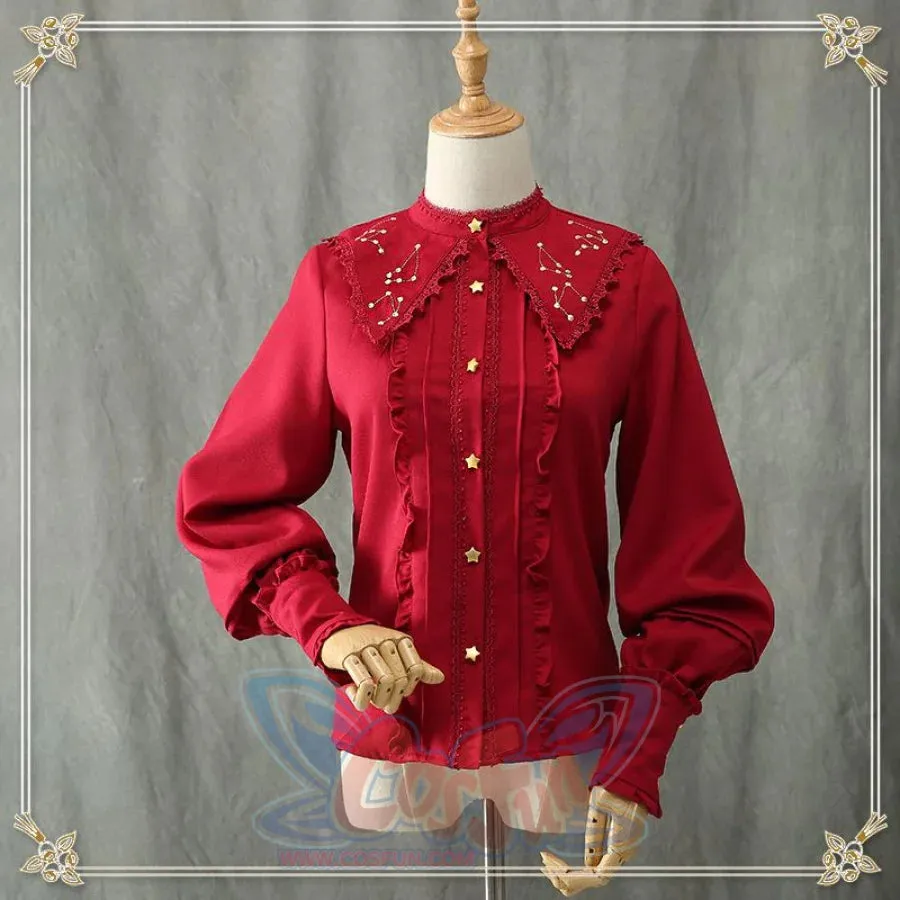 Vintage Constellation Embroidery Ruffle Blouse