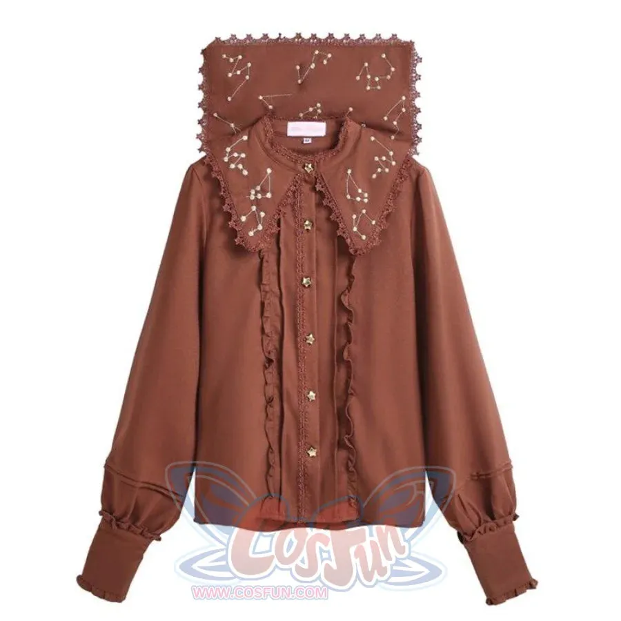 Vintage Constellation Embroidery Ruffle Blouse