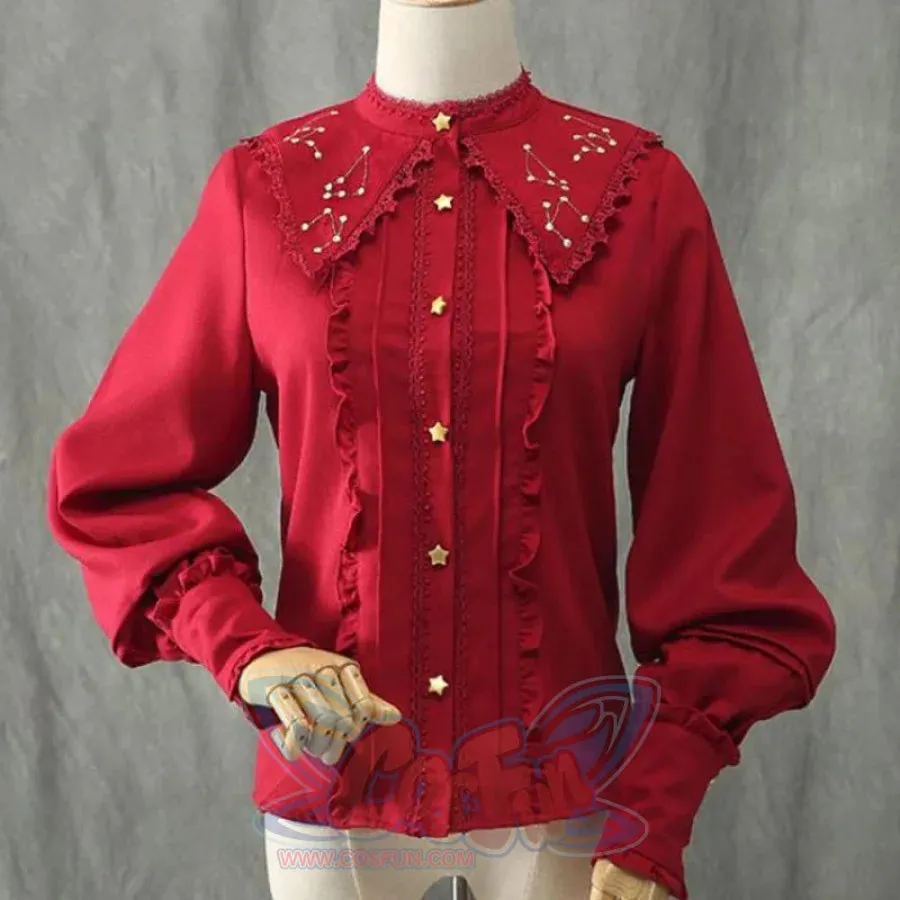 Vintage Constellation Embroidery Ruffle Blouse