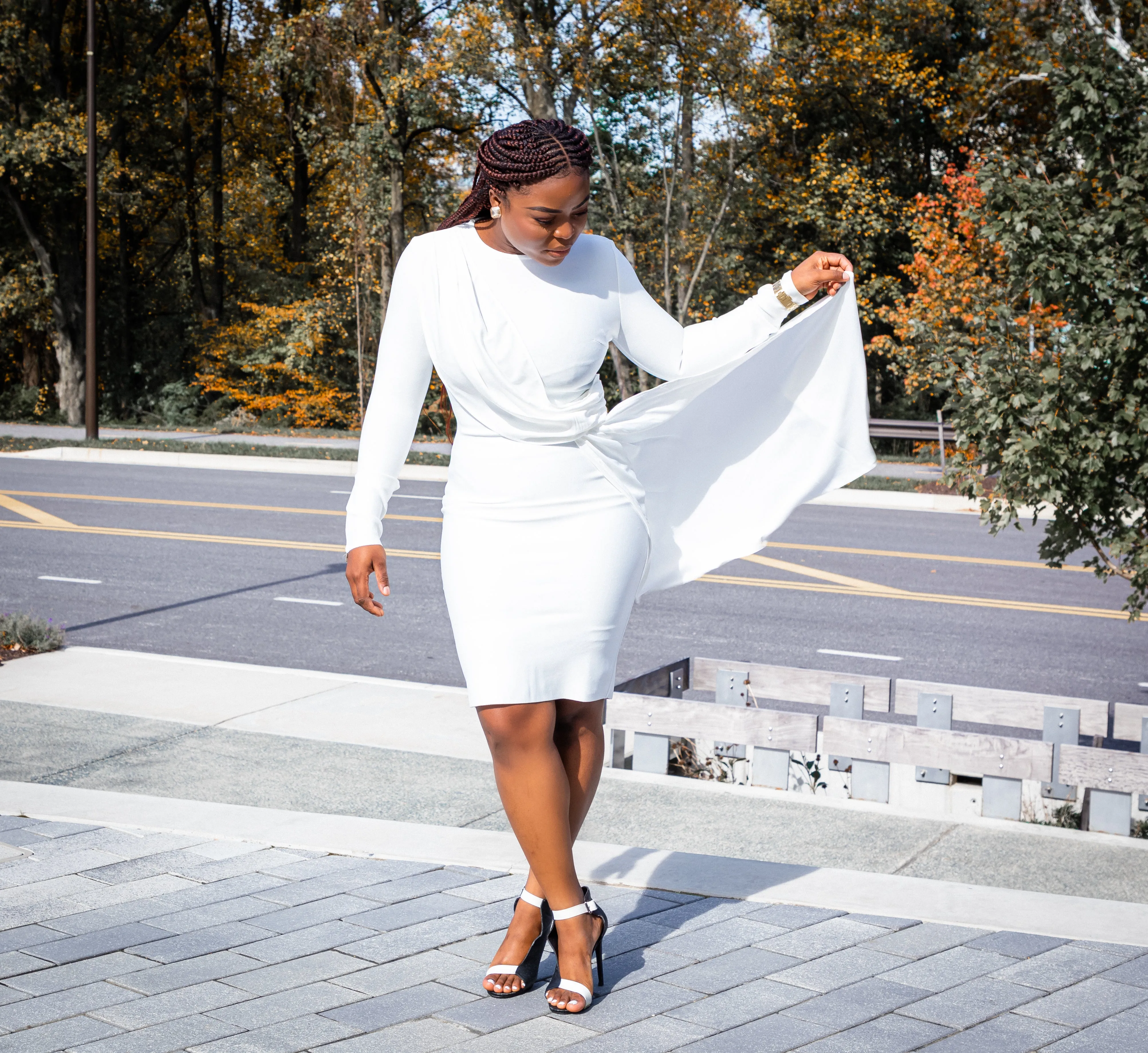 White Round Neck Long Sleeve Frill Midi Bandage Dress