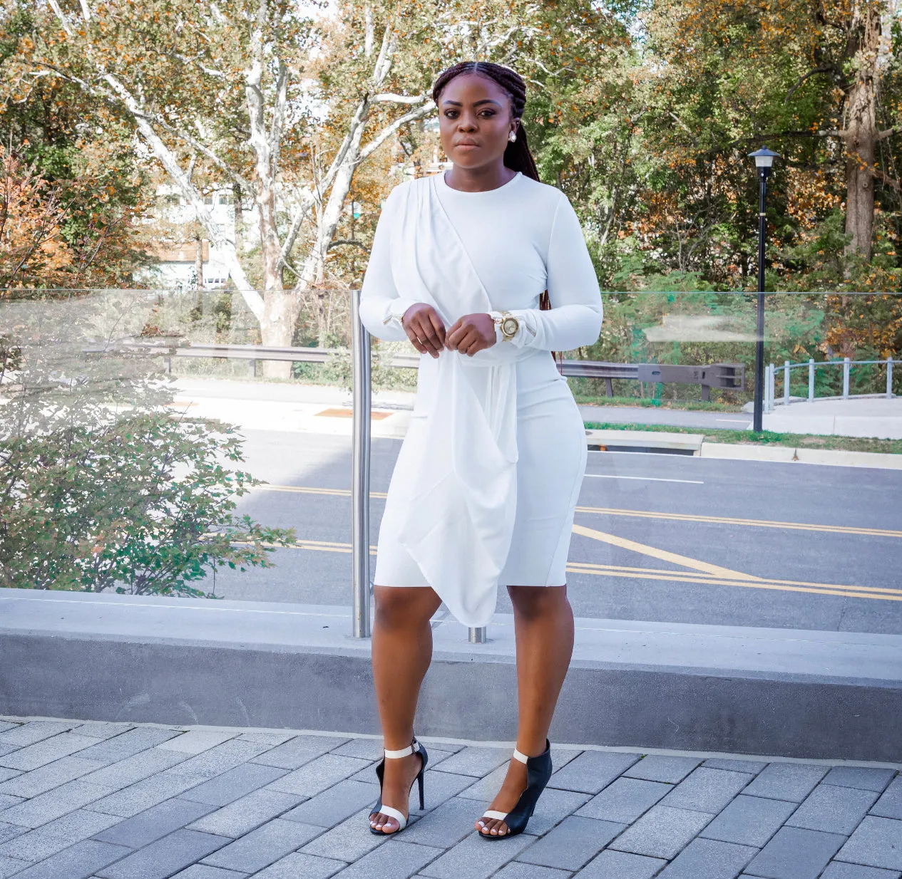 White Round Neck Long Sleeve Frill Midi Bandage Dress