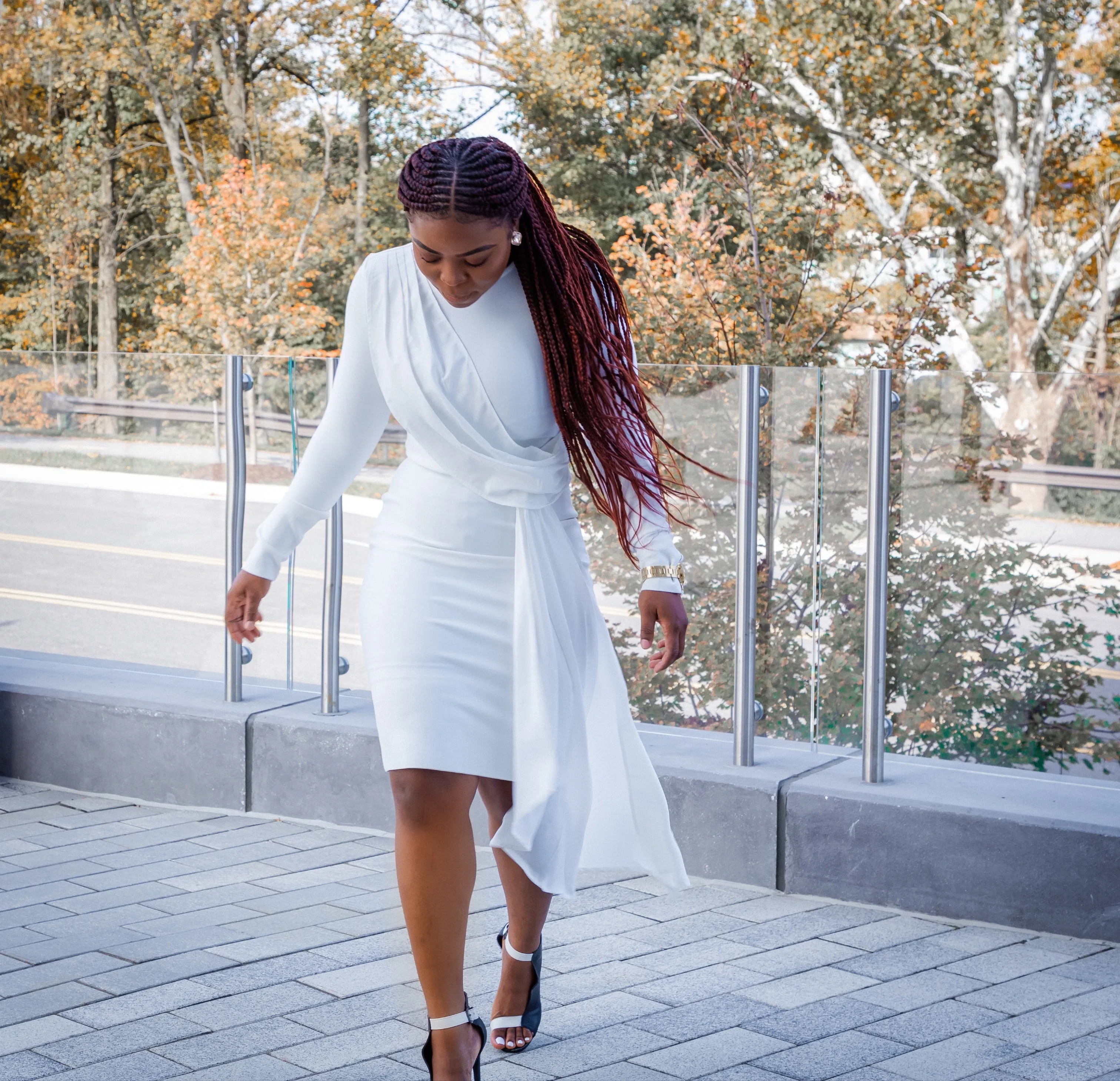 White Round Neck Long Sleeve Frill Midi Bandage Dress