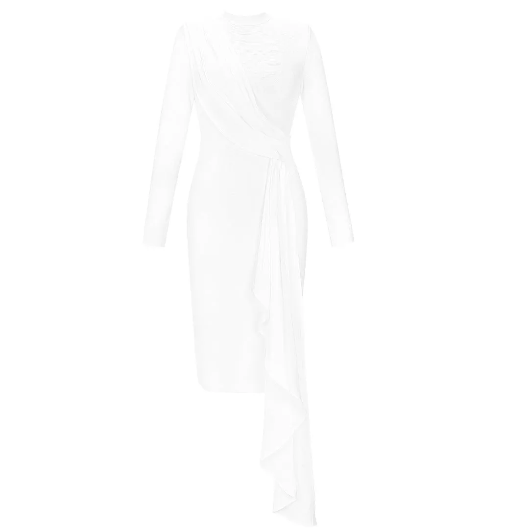 White Round Neck Long Sleeve Frill Midi Bandage Dress