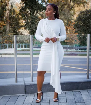 White Round Neck Long Sleeve Frill Midi Bandage Dress