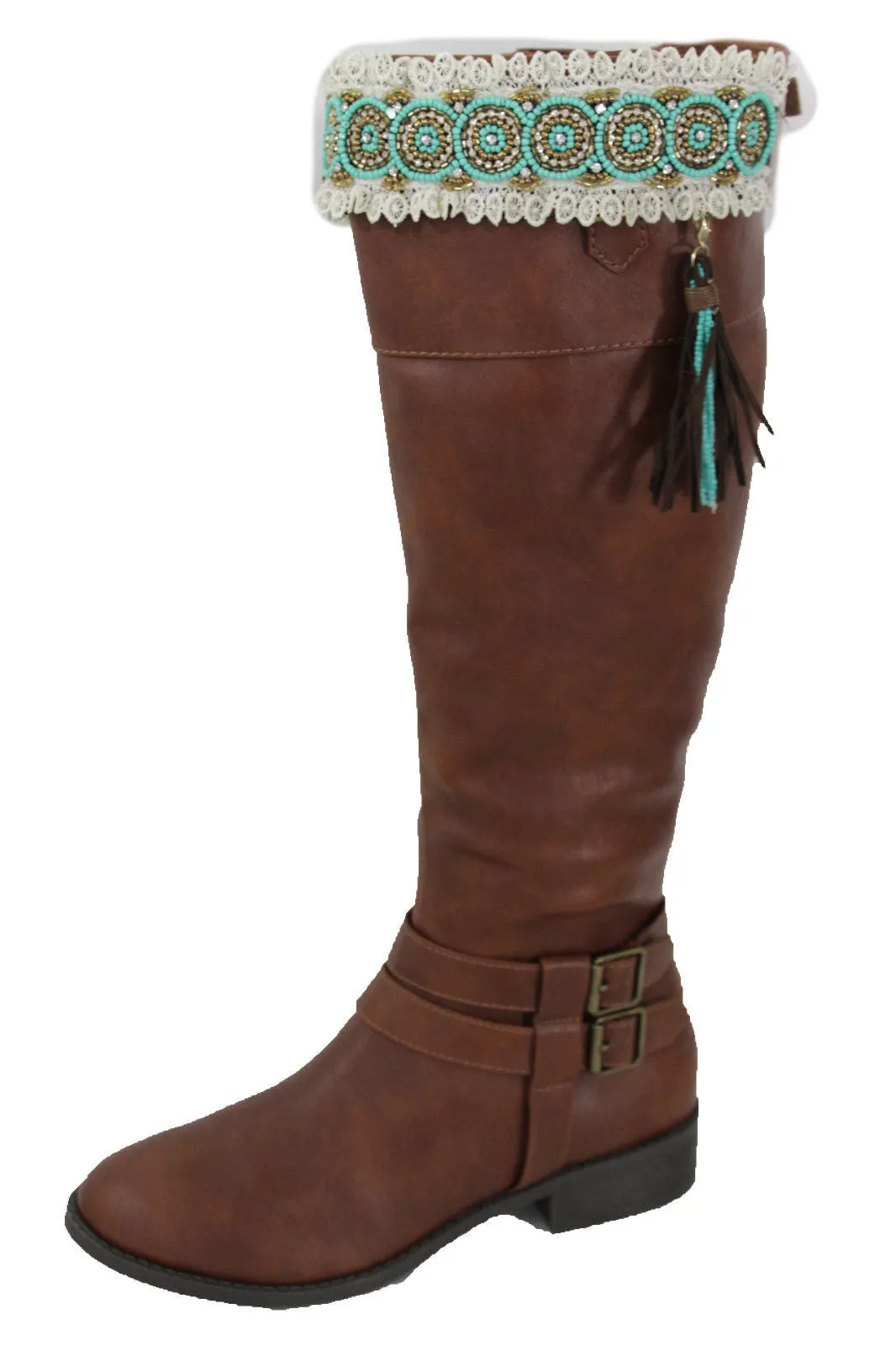 White Winter Boot Toppers Turquoise Blue Gold Bead Knee High Tassel Lace Women Western