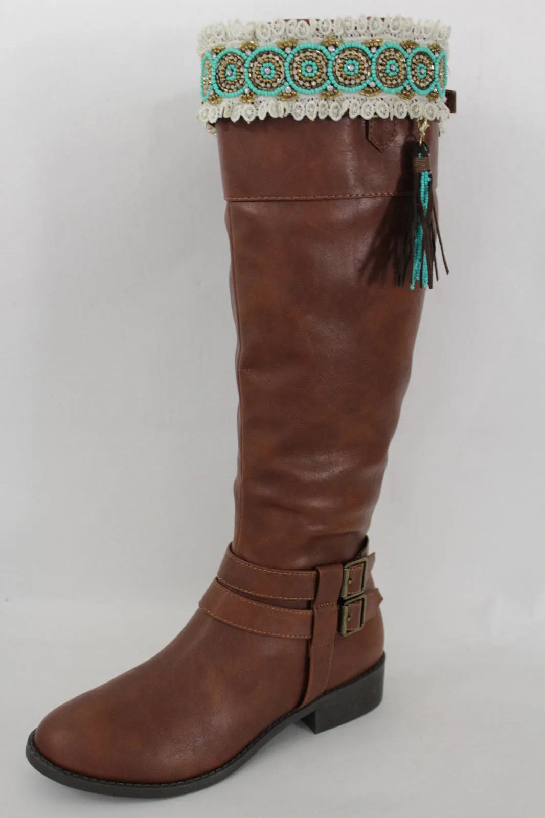 White Winter Boot Toppers Turquoise Blue Gold Bead Knee High Tassel Lace Women Western