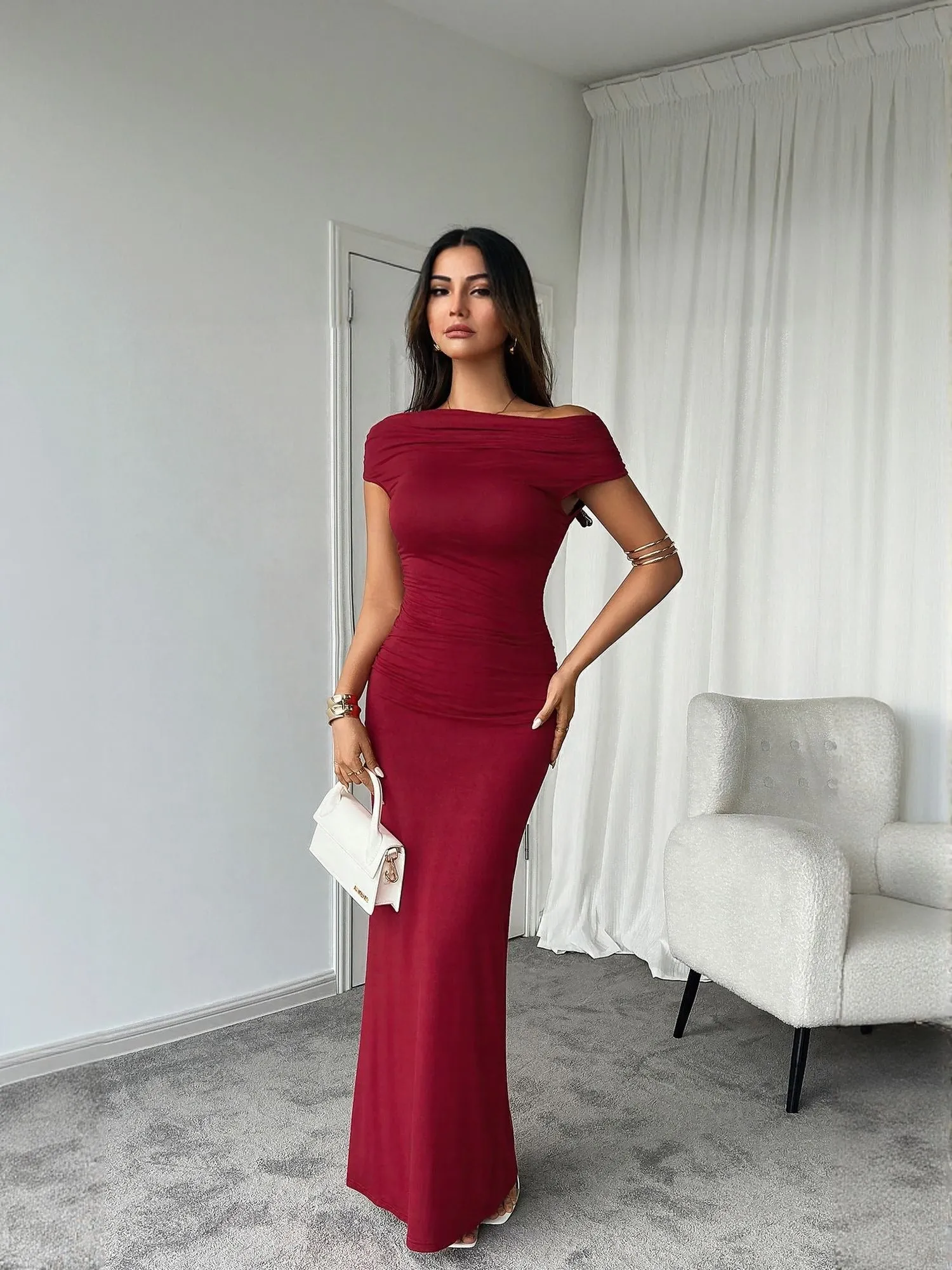 Wine Off Shoulder Maxi Dress With Ruching At Side