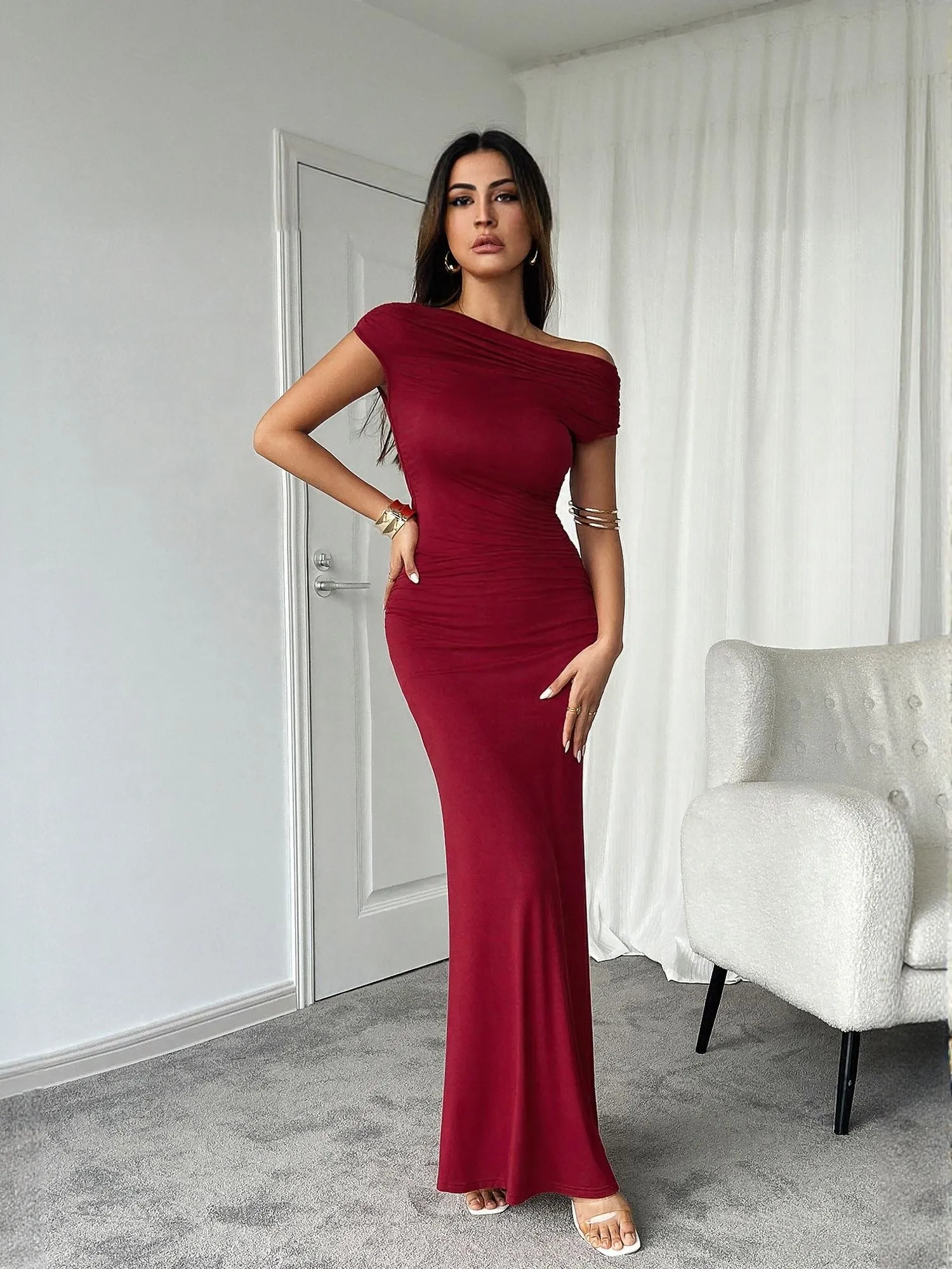 Wine Off Shoulder Maxi Dress With Ruching At Side