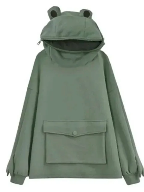 Winter Women Hoodie Frog Pullover Harajuku Hooded Casual Sweatshirts Embroidery Loose Top Doll Decoration Zip Up Hoodies худи